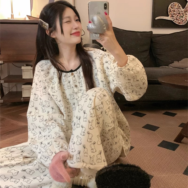 冬天空气棉睡衣少女2024新款秋冬季加厚长袖夹层家居服套装可外穿