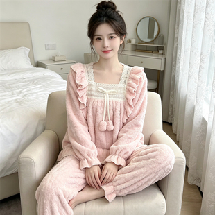 韩版甜美公主风睡衣女秋冬季珊瑚绒加绒加厚长袖法兰绒家居服套装