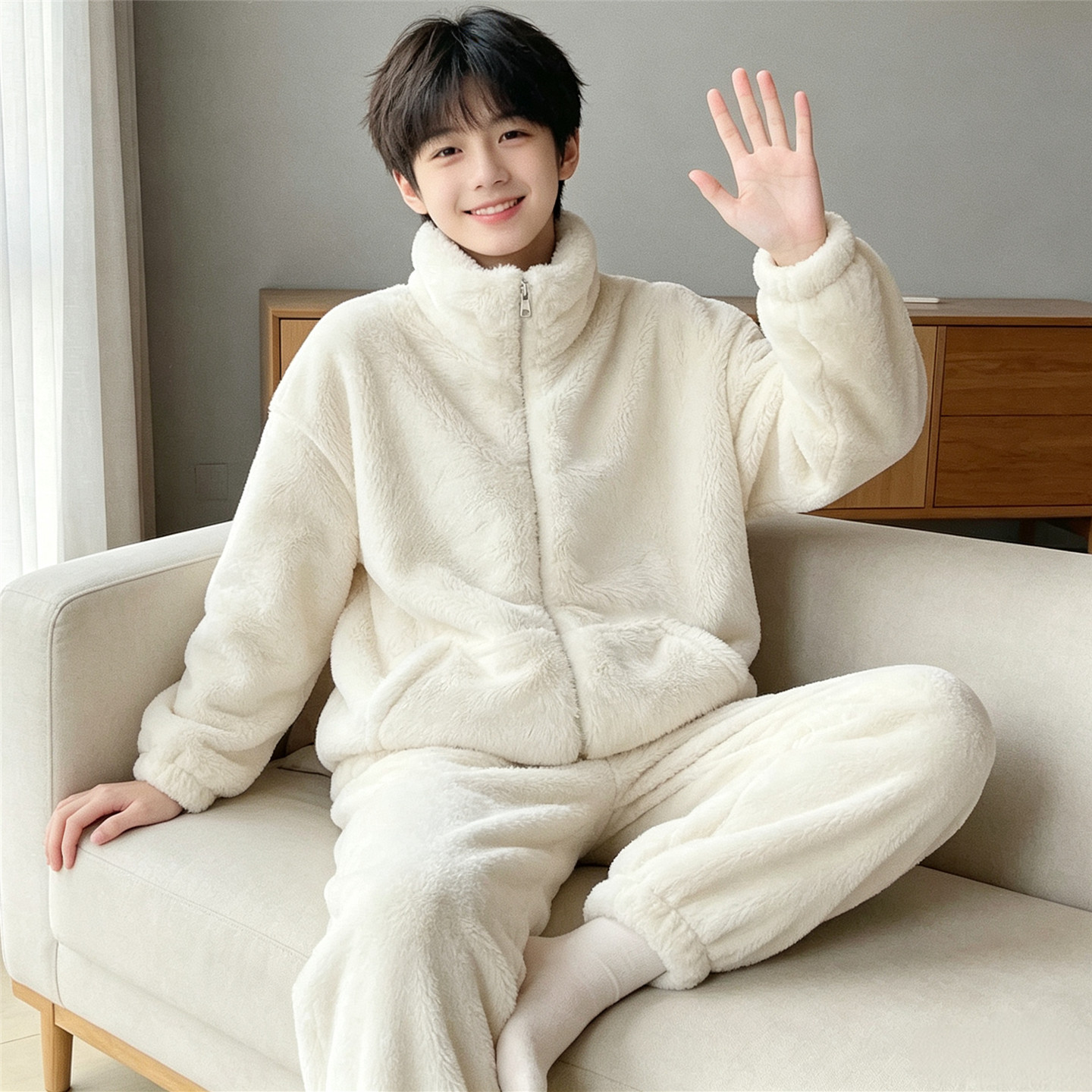 睡衣男秋冬季珊瑚绒拉链加厚青少年初高中学生大码保暖家居服套装