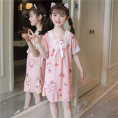 女孩睡衣裙公主风儿童中长款 女童睡裙纯棉夏季 童装 短袖 家居服 薄款