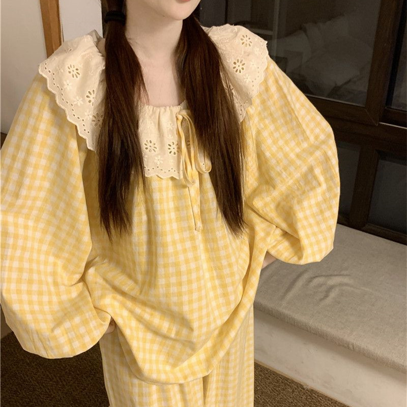 韩版ins风睡衣女春秋季长袖纯棉甜美花边格子宽松休闲家居服套装