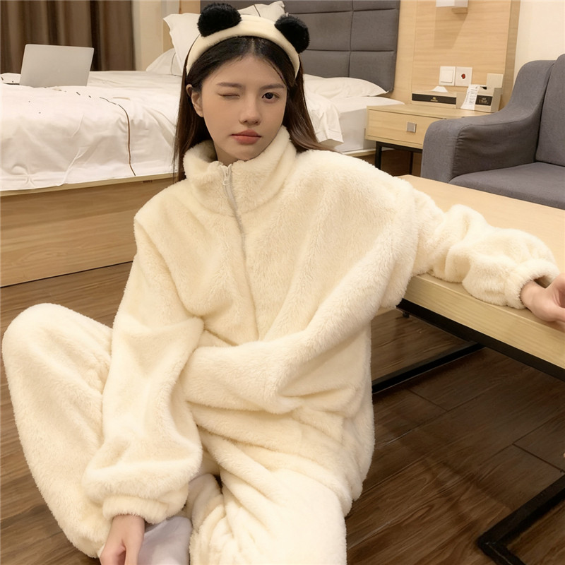 日系睡衣女秋冬季可外穿韩版加厚珊瑚绒甜美纯色法兰绒居家服套装