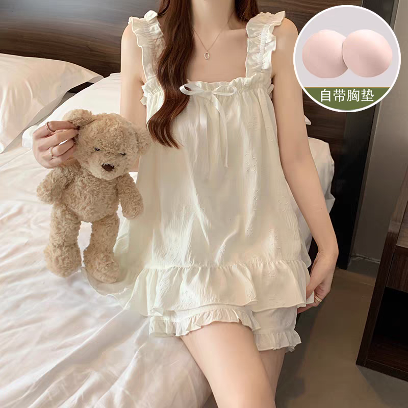 吊带睡衣女款2025年新款带胸垫无袖短裤甜美性感云朵棉家居服套装