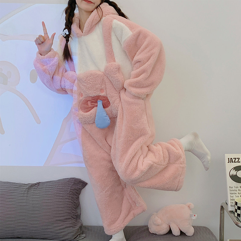 连体睡衣秋冬季女款加绒加厚珊瑚绒情侣冬天卡通法兰绒家居服套装