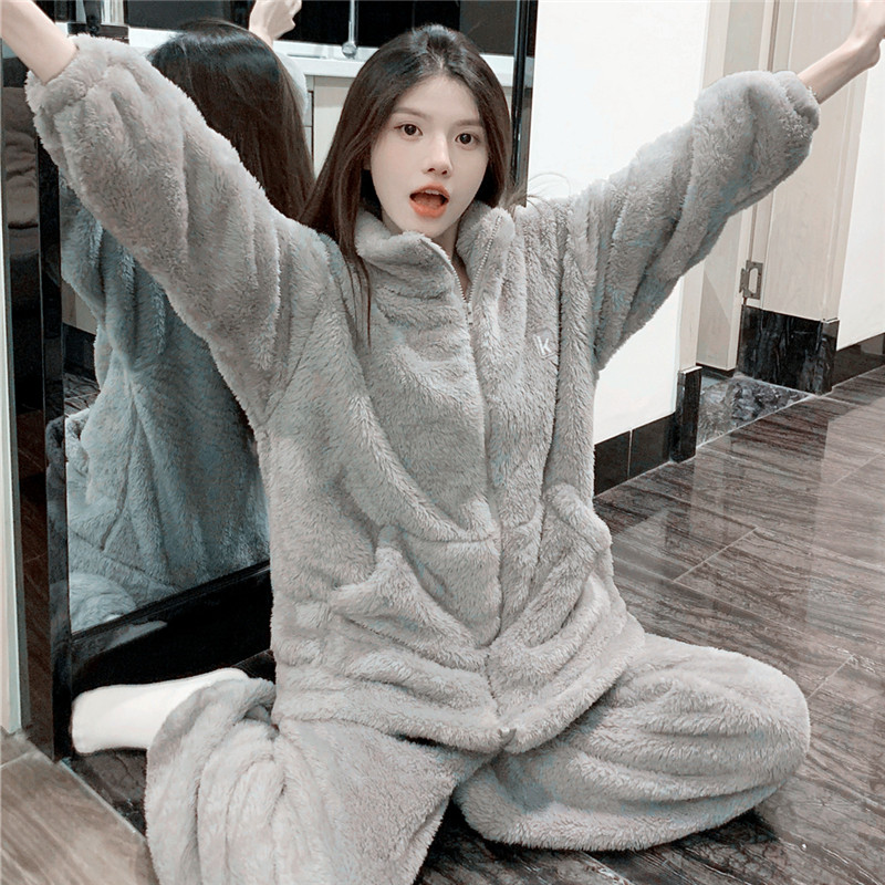 珊瑚绒睡衣女士秋冬季学生加厚宽松加肥大码拉链家居服套装可外穿