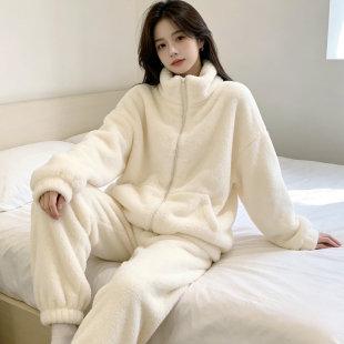 秋冬季睡衣女士加厚珊瑚绒2026新款可外穿毛绒拉链高领家居服套装