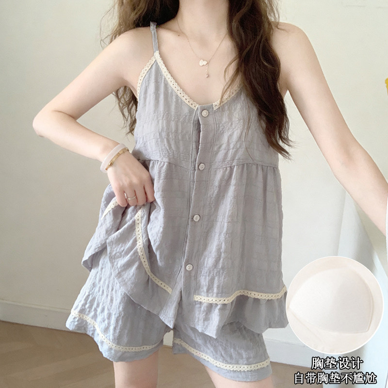 吊带短裤带胸垫睡衣女夏季新款甜美高级感可外穿公主风家居服套装
