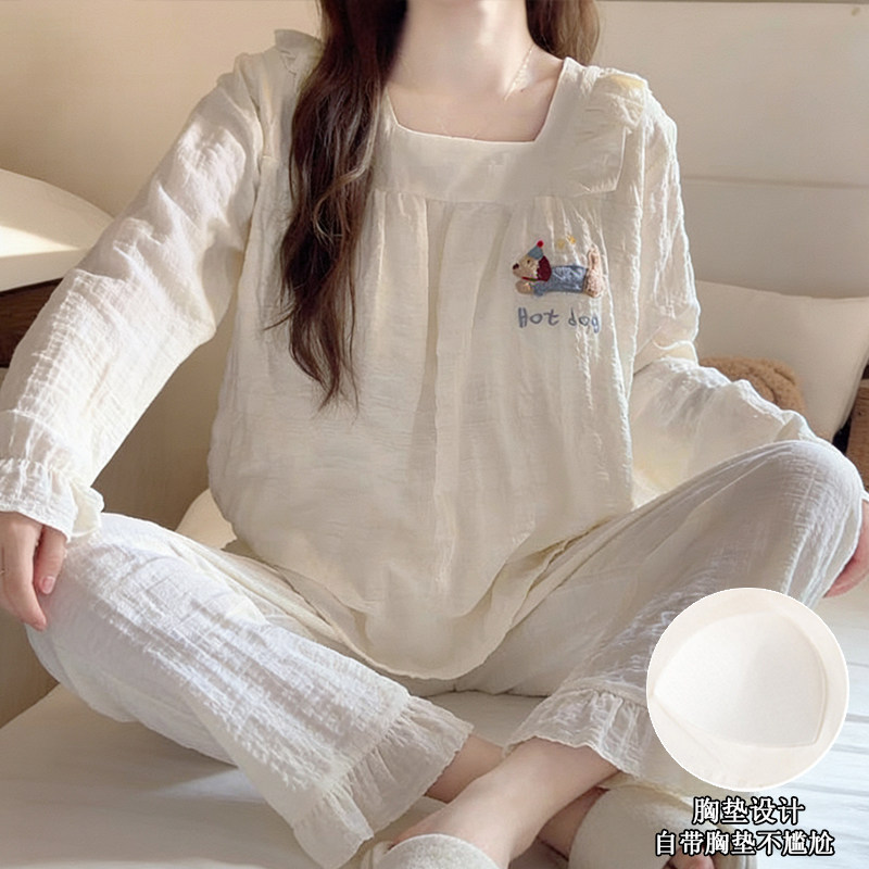 带胸垫长袖长裤睡衣女春秋季学生卡通甜美可爱外穿家居服套装薄款