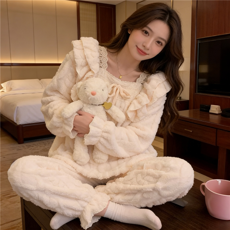 韩系珊瑚绒睡衣女冬季加绒加厚高级感甜美花边秋冬女款家居服套装