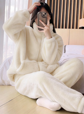 2025冬季新款珊瑚绒睡衣女加绒加厚纯色简约法兰绒拉链家居服套装