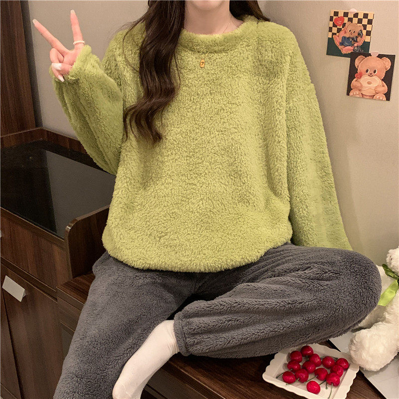 2025新款珊瑚绒睡衣女款秋冬季加厚加绒休闲ins风简约家居服套装