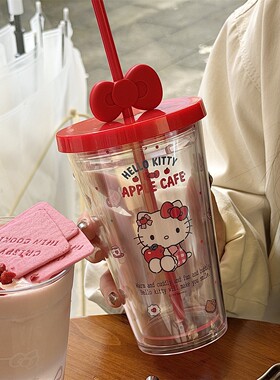 可爱卡通猫水杯女生新款2026高颜值学生塑料吸管杯外出便携随行杯