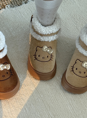 可爱kitty猫卡通厚底雪地靴女款2025新款冬季加绒加厚保暖棉鞋子