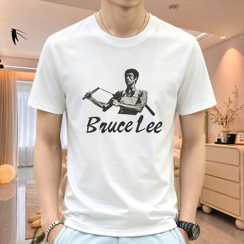 国潮风短袖T恤男白色Bruce Lee印花圆领修身百搭上衣