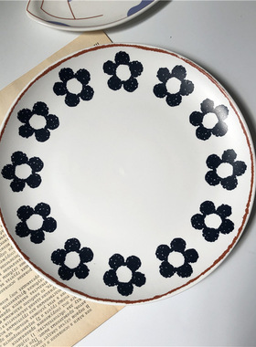 日式手绘蜡笔 素雅蓝色小花盘子 家用菜盘 哑光盘花盘