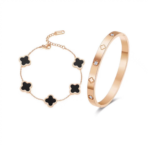 古名GLOIRE罗马假日镶锆手镯一对复古轻奢四叶草手链叠戴镯子女