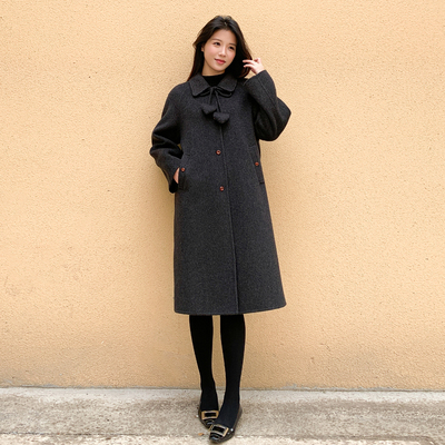 冬季娃娃领赫本黑色双面羊绒羊毛大衣女中长款过膝减龄羊毛呢外套