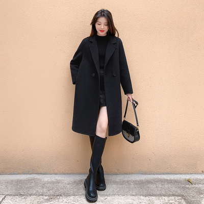赫本黑色双面羊绒大衣中长款