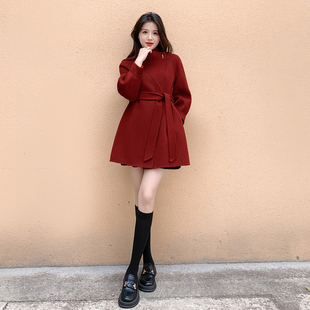 酒红色高端双面羊绒大衣女秋冬2025新款系带修身显瘦羊毛毛呢外套