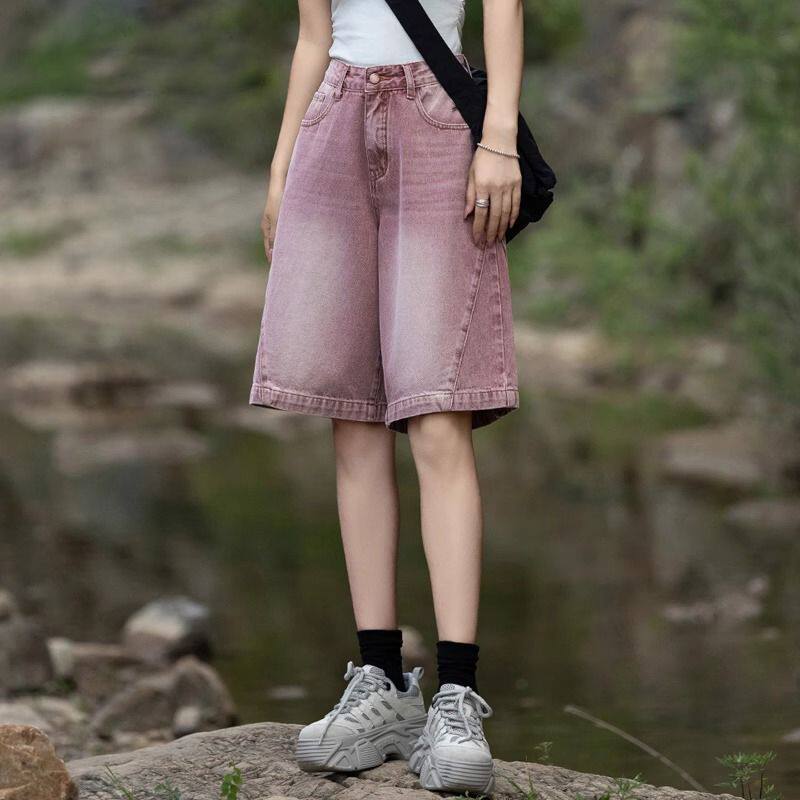 脏粉色牛仔短裤女2026夏季新款五分裤直筒宽松阔腿中裤六分裤高腰