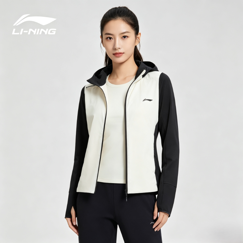 李宁棉服跑步系列女子防风保暖撞色拼接运动修身连帽棉服AJMV082