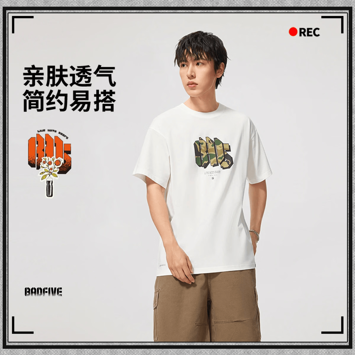 李宁反伍BADFIVE男子夏季冰感时尚舒适吸湿排汗短袖文化衫AHSV021