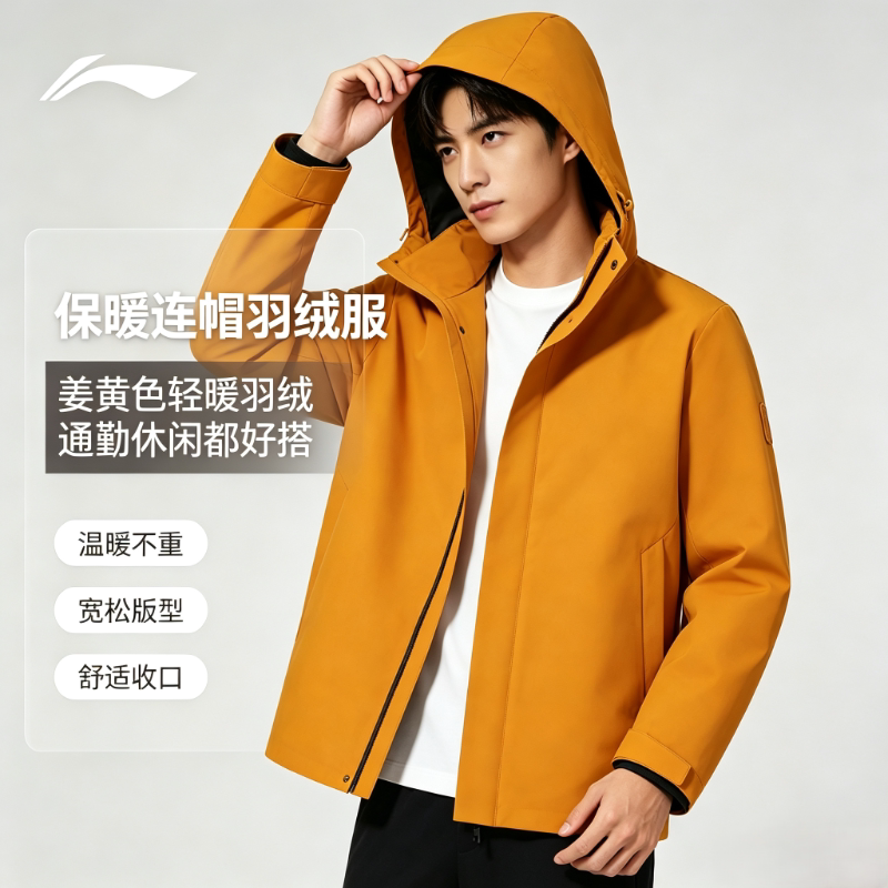李宁羽绒服男款2026冬季新款鸭绒80%运动舒适连帽长袖外套AYMU291