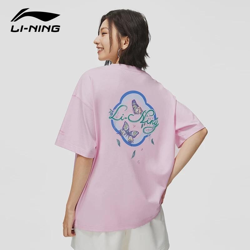 李宁女子短袖夏季新款潮流时尚舒适宽松圆领运动T恤文化衫AHST234