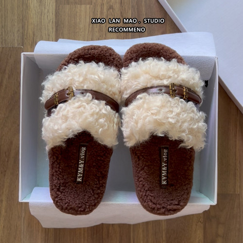 绝美毛茸茸厚底一字毛毛拖鞋秋冬