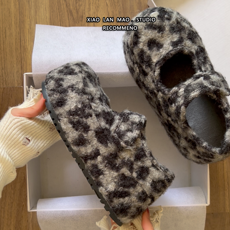 豹纹厚底勃肯鞋女冬玛丽珍魔术贴