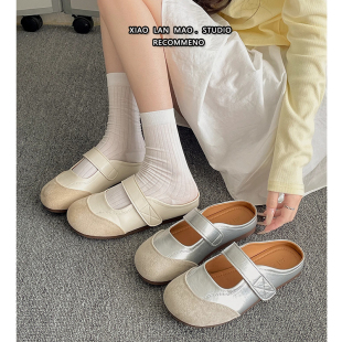 魔术贴复古防滑平底包头拖鞋女2026新款夏季外穿配裙子半拖勃肯鞋