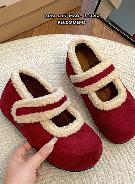 爆款红色复古法式厚底加绒勃肯鞋女2025新款冬季保暖外穿防滑棉鞋