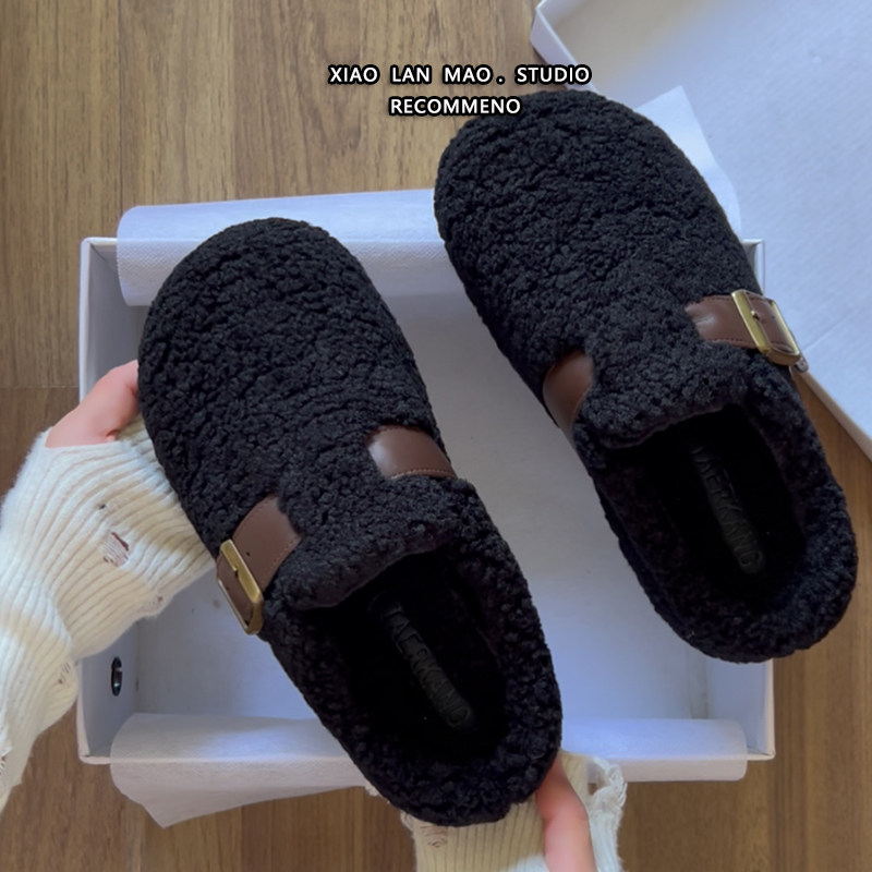 黑色绝美毛毛鞋女2025秋冬款时尚皮带扣加绒懒人一脚蹬厚底勃肯鞋,女鞋,毛毛鞋,淘宝优惠券,粉丝福利购,淘宝优惠卷
