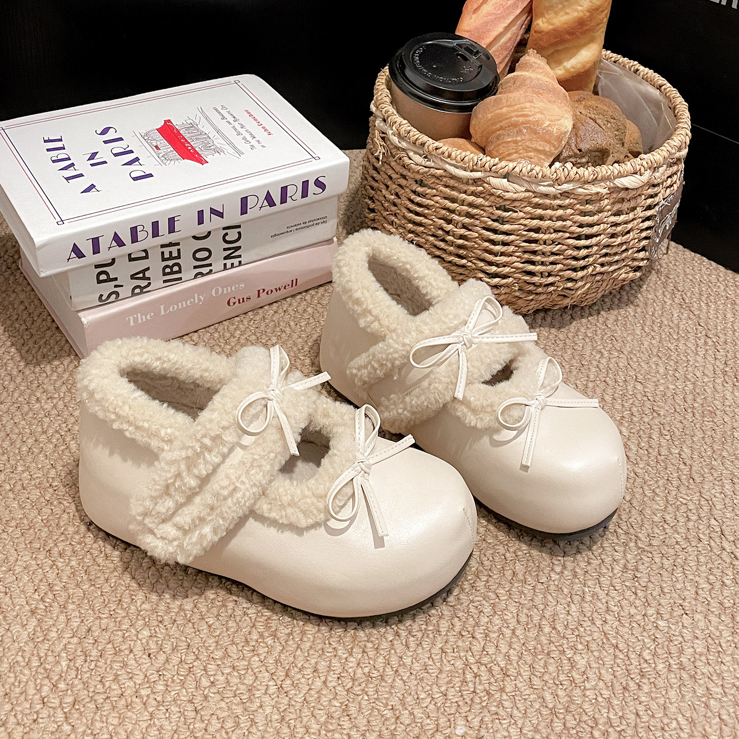 韩版时尚毛毛勃肯鞋女加绒保暖2025冬季新款双蝴蝶结玛丽珍鞋棉鞋,女鞋,勃肯鞋/软木鞋,淘宝优惠券,粉丝福利购,淘宝优惠卷