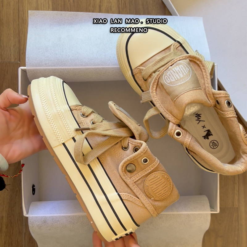 百搭高帮帆布鞋女2026春新款卡其圆头交叉绑带厚底休闲板鞋学生鞋