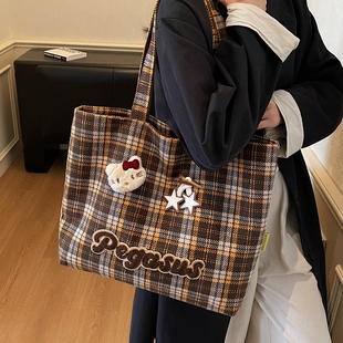 休闲大容量托特包外出手提购物袋 格子布包包女2025新款 秋冬季 时尚