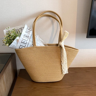 手提沙滩包草编包包女2025夏季新款ins百搭单肩托特包海边编织包