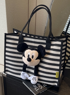 大容量通勤包女2026新款条纹帆布包卡通米奇单肩托特包手提妈咪包