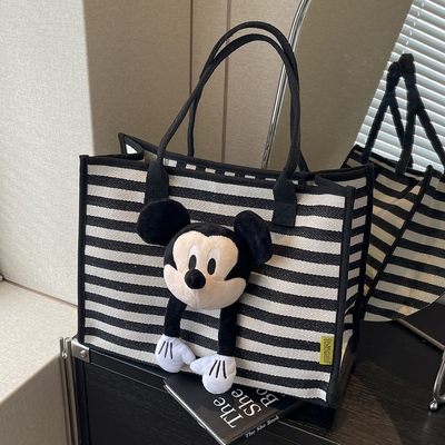 条纹帆布大容量单肩托特包手提袋