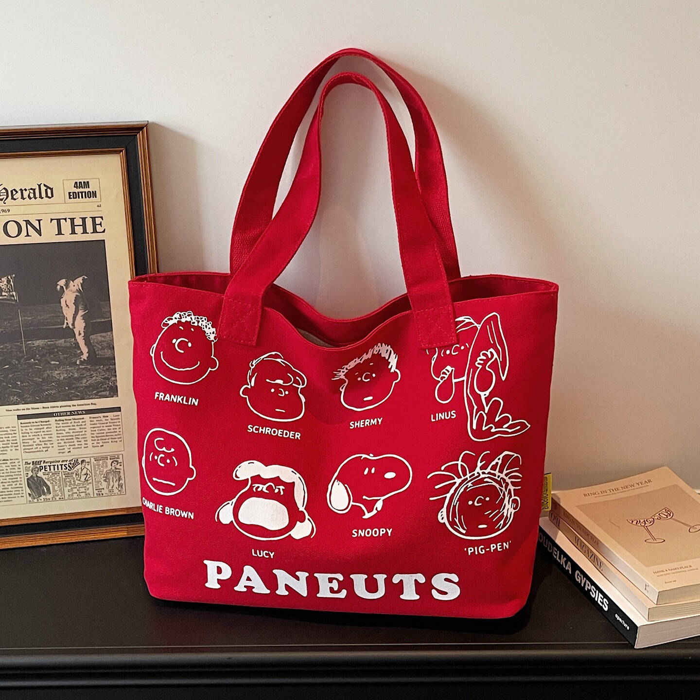 红色帆布包女夏2026新款卡通印花托特包休闲大容量单肩手提购物袋