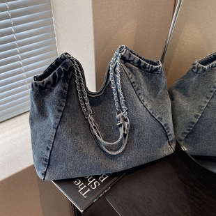 美式 潮休闲大容量托特包上班通勤单肩包 复古牛仔布包包女2025新款