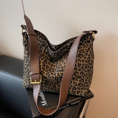 豹纹帆布休闲通勤单肩斜挎托特包