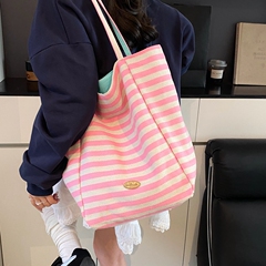 AB双面条纹帆布包女2025新款休闲大容量购物袋学生通勤单肩托特包
