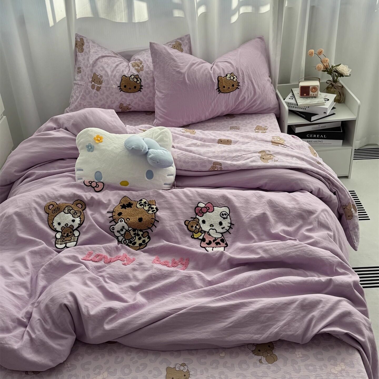 紫色豹纹卡通HelloKitty四件套