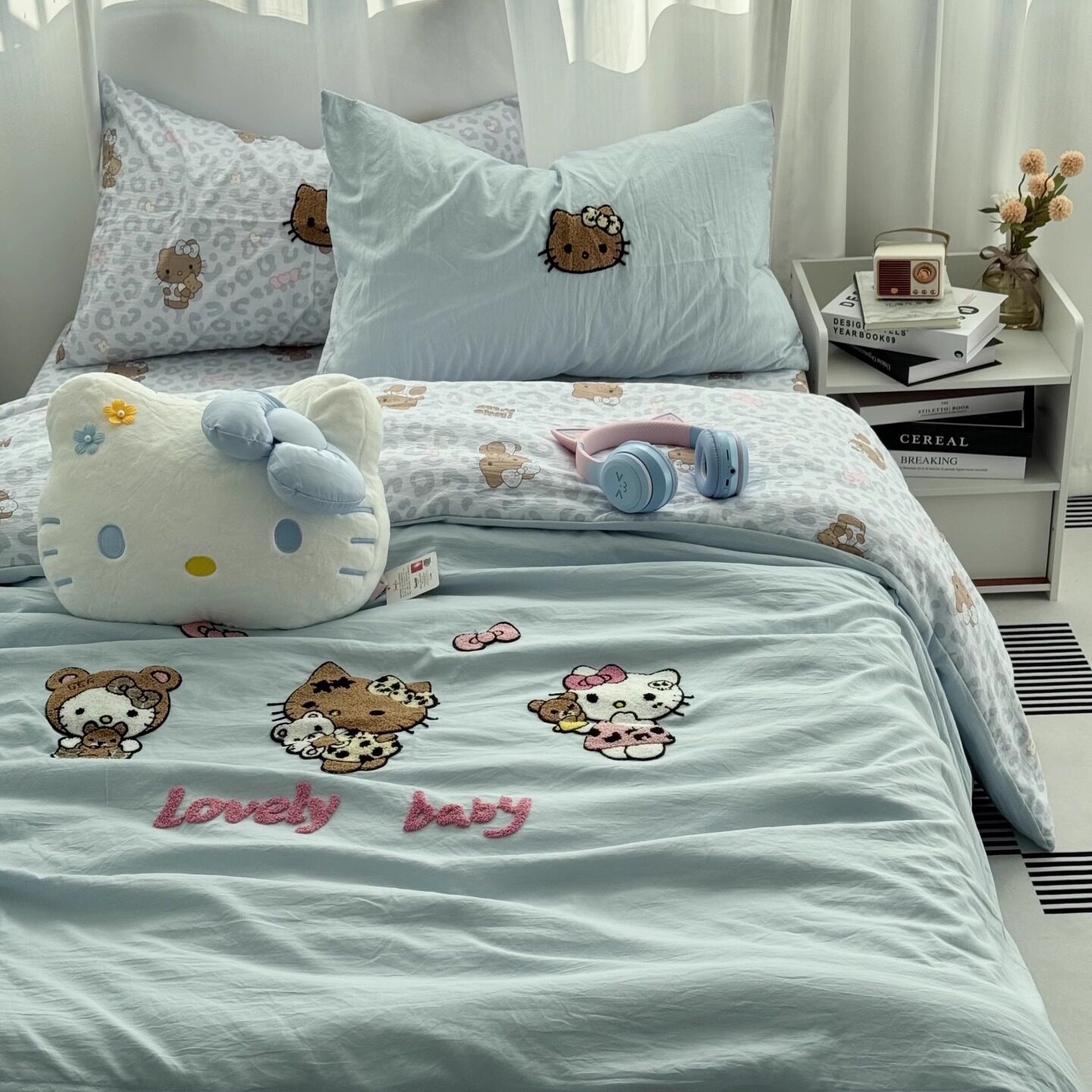 蓝色豹纹可爱HelloKitty毛巾绣水洗棉四件套全棉单双人宿舍三件套