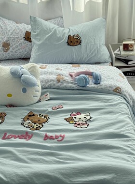 蓝色豹纹可爱HelloKitty毛巾绣水洗棉四件套全棉单双人宿舍三件套