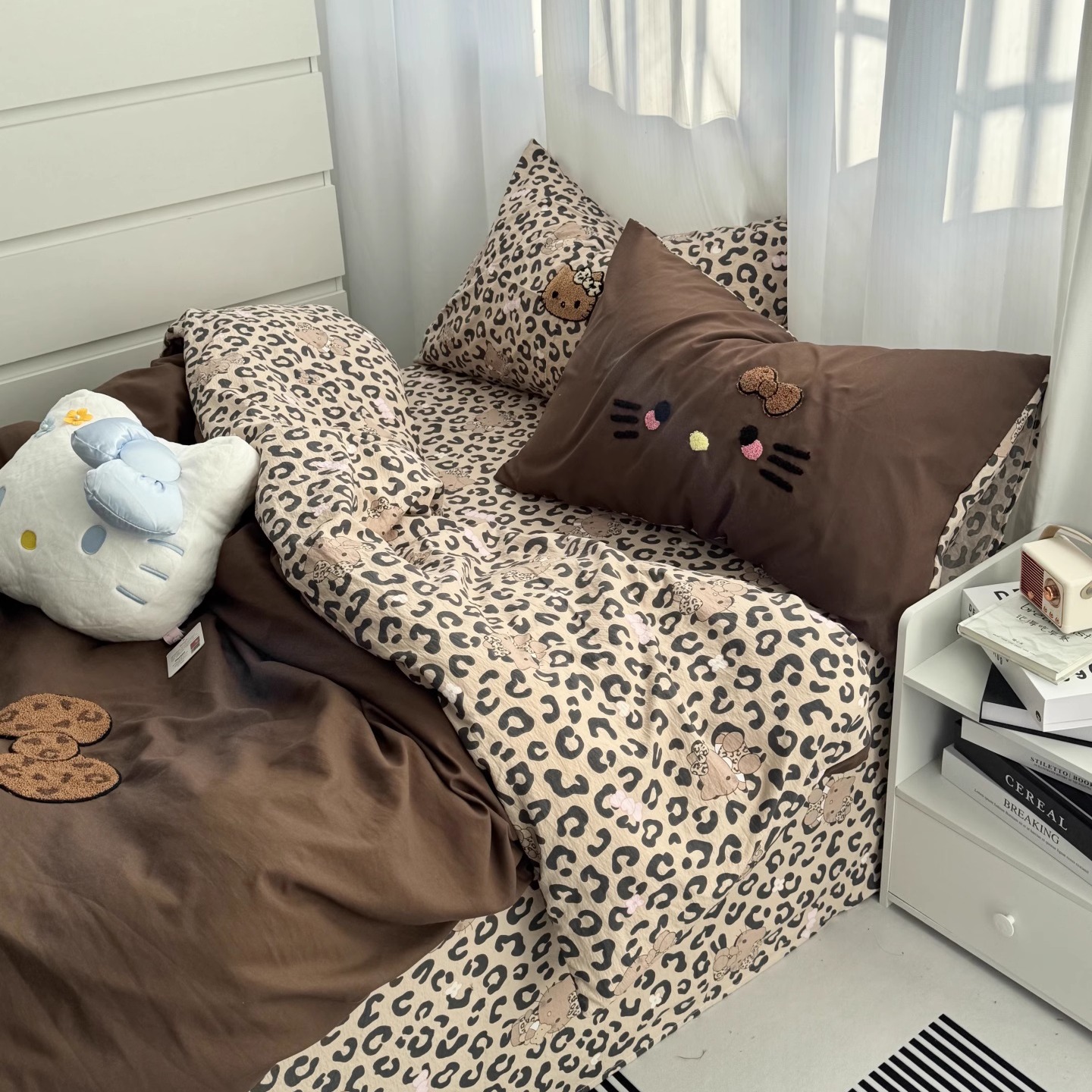 复古ins咖色豹纹猫咪四件套