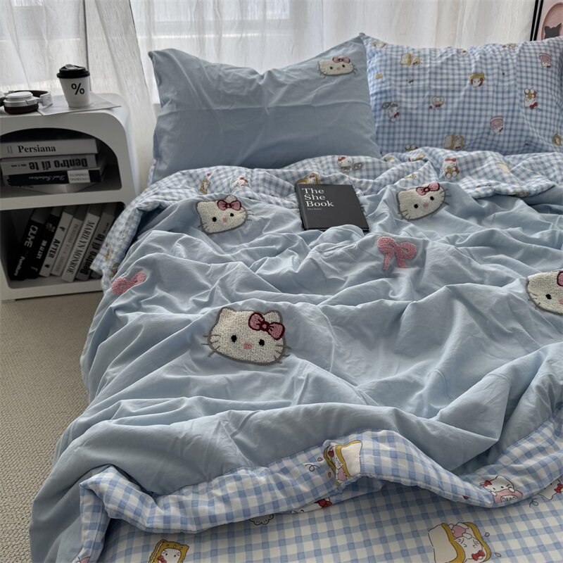 少女ins可爱kt猫毛巾绣夏凉被四件套蓝色空调被单双人宿舍薄被子