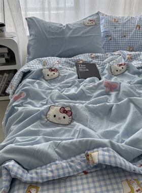 少女ins可爱kt猫毛巾绣夏凉被四件套蓝色空调被单双人宿舍薄被子