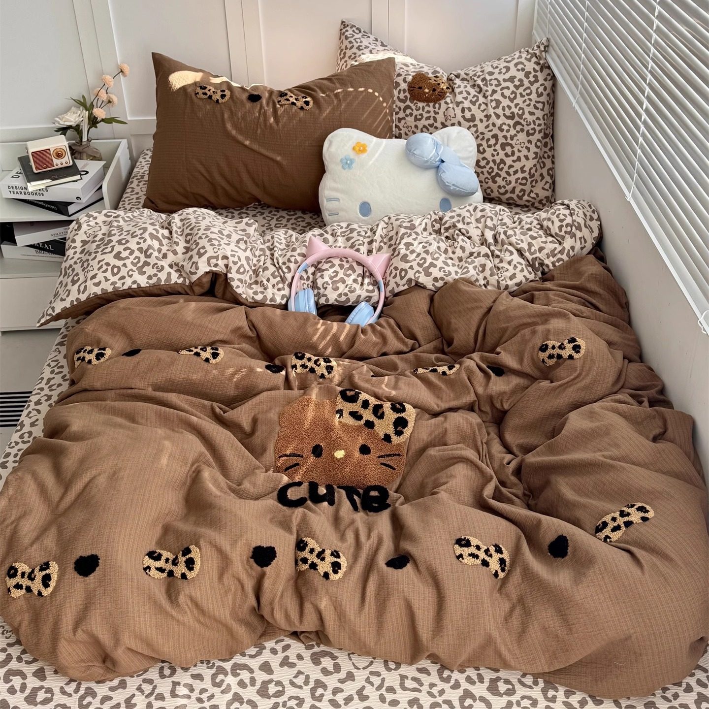 复古风ins咖豹纹猫咪毛巾绣水洗棉四件套全棉被套宿舍床单三件套
